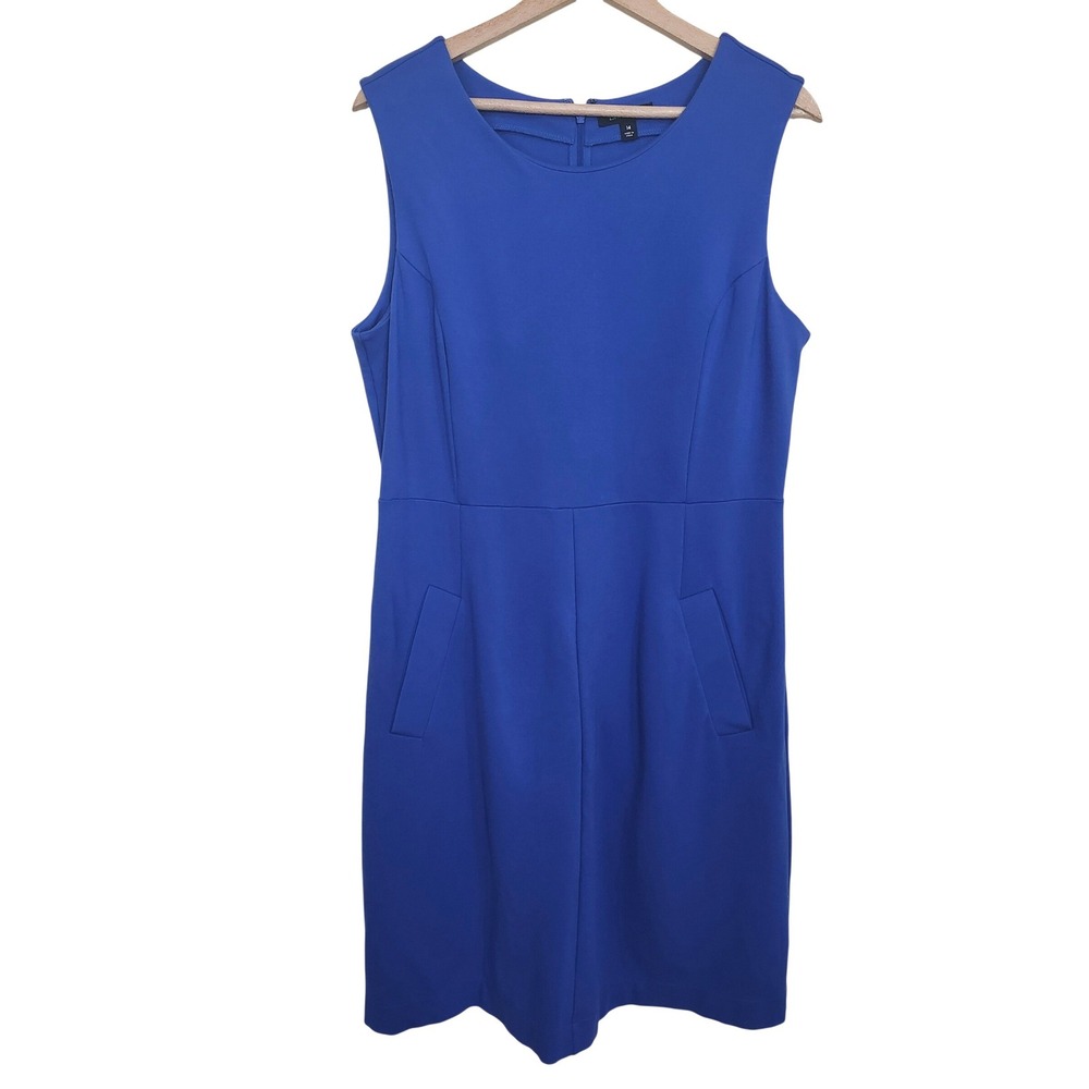 Lands End Ponte Sheath Dress 14 Royal Blue Sleeveless Knit Pockets Jewel Tone